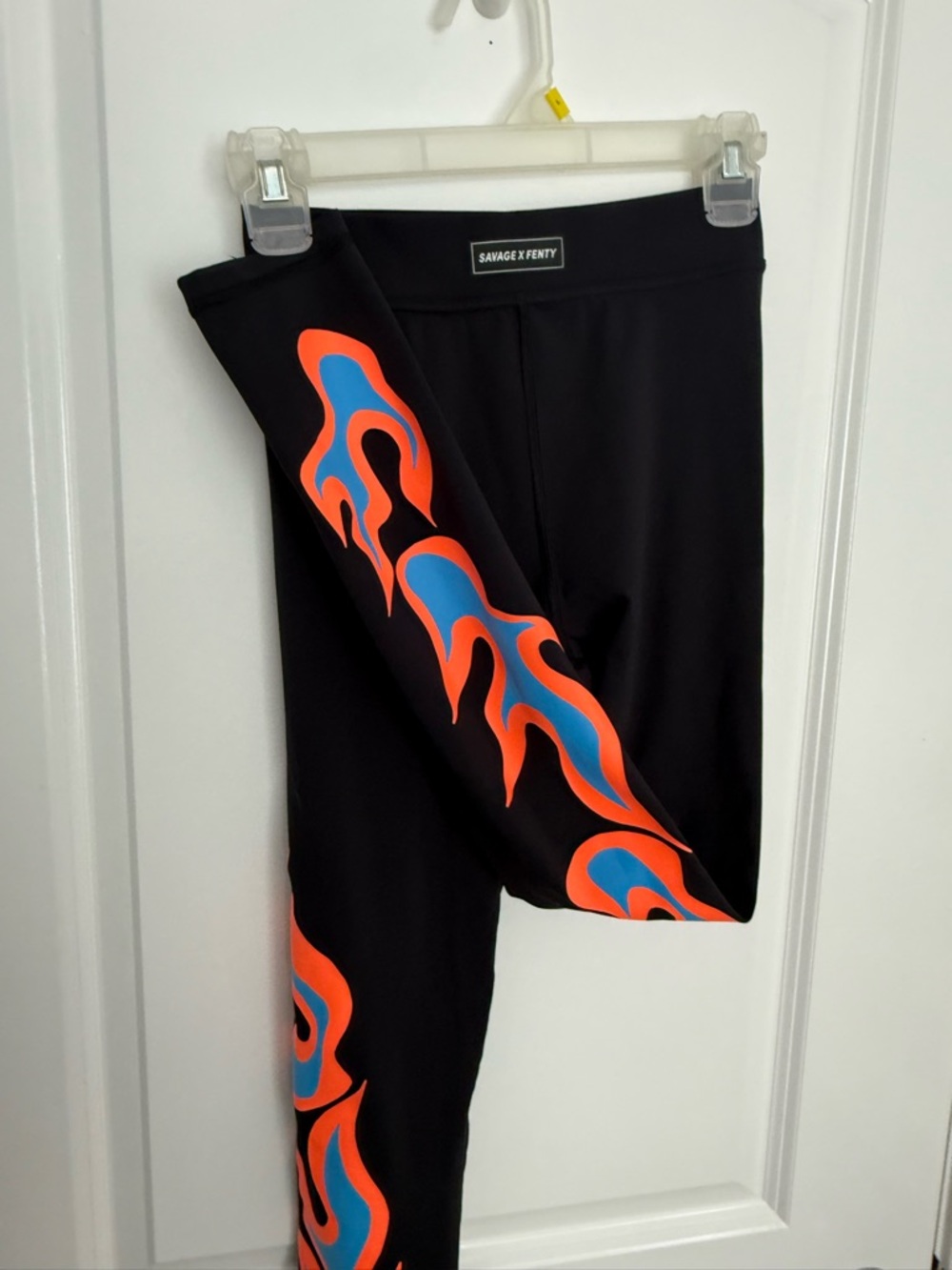 Savage X Fenty Black Leggings with Neon Blue & Orange Flame Detail